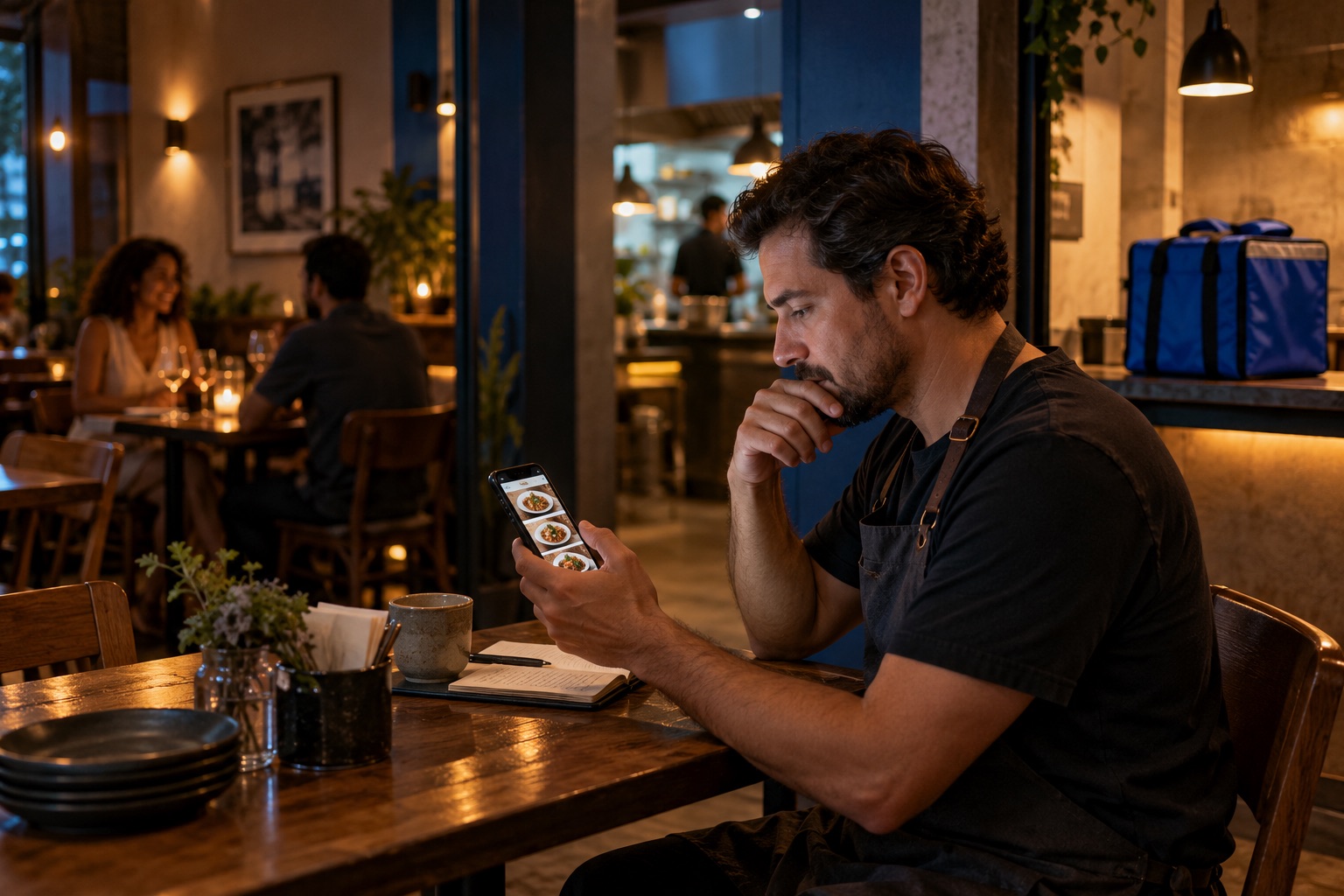 Ilustração editorial de um responsável por restaurante olhando o celular